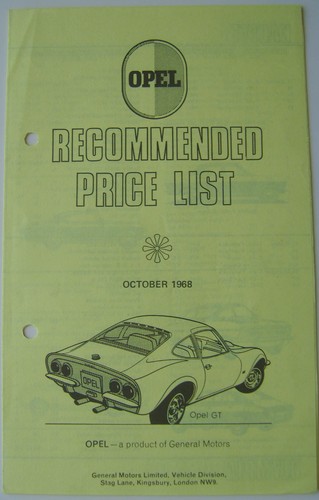 Opel price list - opel, 1968