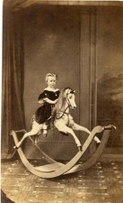 Girl on large elegant rocking horse 1870s cdv photo