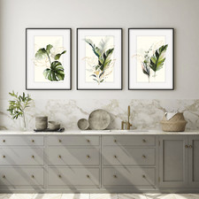 Botanical Leaf Prints. Set of 3 Monstera Fern Palm Leaves Green & Gold Wall Art