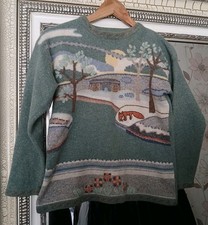 Vtg Unbranded Sage Cottagecore Scenic Fox Lambswool Angora Knit Jumper Ch 38"