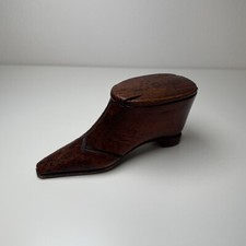 Antique Mahogany Pique Work Shoe Snuff Box 19th Century Love Treen Wooden