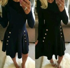 Ladies Women's Military Button Skater Swing dress Long Sleeve UK 8-28 Plus Size 