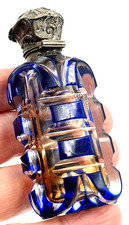 Victorian blue glass overlay scent/perfume bottle with silver lid - 1880's