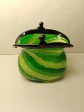 Vintage Hand Blown Novelty Vase Bag Purse Shape Various Greens 7" X  7" Italian