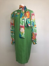 VTG ANNE CRIMMINS FOR UMI COLLECTION GEOMETRIC PRINT PURE SILK GREEN DRESS S 12