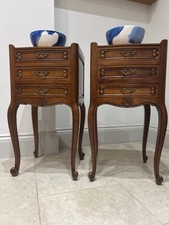 Pair French Meuble Tricoire carved 3 Drawer Cherrywood Bedside Drawers Table
