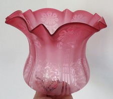 Superb Floral Bow Etched Cranberry Glass Frilled Rim Oil Lamp Shade. 4" Fit dia.