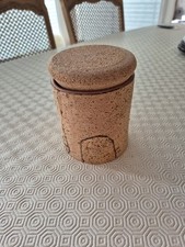 A Cork Covered Crockery Pot With A Cork Topper.    11cm Diameter And 14cm Tall