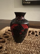 Vintage Chinese  Chinoiserie Asian Black & Red Cinnabar Vase Blue Enamel Brass