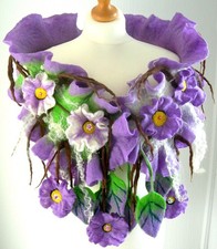 Hand Felted -ART Scarf /wool merino  and silk- flowers-