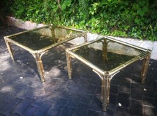 Vintage Pair of 1960s Italian Faux Bamboo Gilt Metal Smoked Glass Coffee Tables