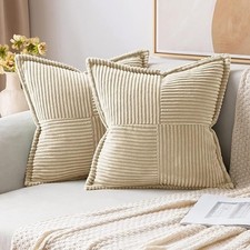 Set of 2 Beige Corduroy Cushion Covers 20x20" (50x50cm) - Patchwork Design NEW