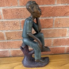 Rare Jamaican Man Sitting on a Tree  Sculpture 15" Hand Carved Wood Decorative