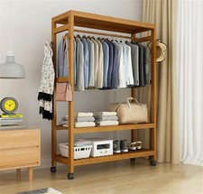 Heavy Duty Wooden Clothes Rail Rack Garment Hanging Stand Corner Open Wardrobe 
