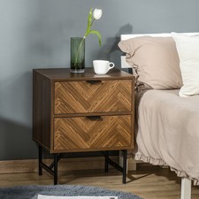 Two-Drawer Herringbone Bedside Table Home Side Cabinet Bedroom Storage Brown