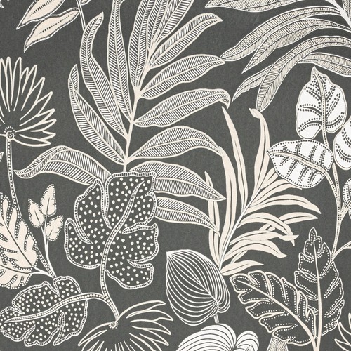 Black cream floral - black, wallpaper