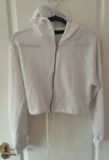 Pretty Little Thing White Cropped Zipped Hoodie, Pull Cord Hem Size Small