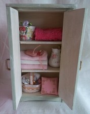 Dolls House Distressed Linen Cupboard 1/12th Scale Green & Cream with Contents