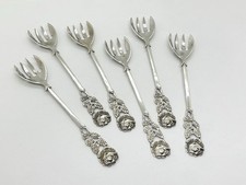 Set of Six Vintage 800 grade Solid Silver Pickle / Berry Forks - Rose Flowers