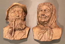 Vintage Faux Wood Carved Effect Wall Plaque Old Man With Pipe & Woman With Scarf