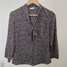 Brora Brown Patterned Silk Tie-Neck Blouse Size 10