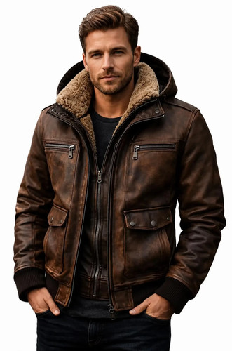 Mens distressed leather bomber - distressed,