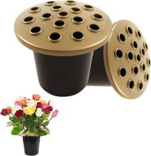 Grave Cemetery Flower Holder Pot Black Gold Lid Durable Plastic Memorial Vase