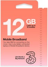 Three  Mobile Broadband Preloaded 1GB 3GB 12GB Data 4G 5G travel Data SIM