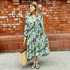 H&M Trend Black Blue Green Floral Midi Long Sleeve Shirt Dress size S 8 10 12