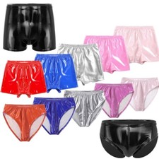 Mens Latex Leather Shorts Bulge Pouch Boxer Briefs Wet Look Hot Pants Underwear