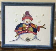 Cross Stitched Snowman With Mouse In Blue Wooden Frame 29 X 25 Cms