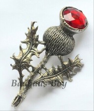 Miracle KILT PIN PEWTER HIGHLAND THISTLE FAUX RUBY RED STONE SCOTTISH MADE IN UK