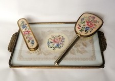 Vintage Glass & Brass Vanity Tray,& Brushes With Petit Point Needlework & Lace