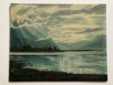 Vintage Oil Painting Tonal Sea + Mountains Scape Lovely Light  - On Board