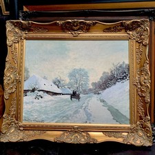 Claude Monet hand painted oil reproduction A cart on the snowy road at Honfleur