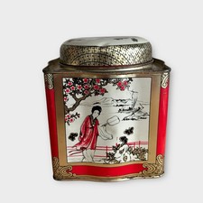 Vintage Oriental Tea Caddy Storage Metal Tin Black Gold Red Geisha Retro Home