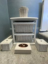 Small White Wicker Bed Side Table 2 Tier Drawer with Accessories