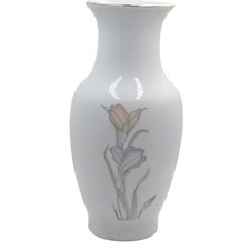 Pair of Hand Painted Japanese Gilded Ikebana Flower Vase Pastel White Ceramic 8"