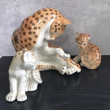 Vintage Large Lomonosov USSR  Porcelain Leopard / Cheetah & Two Cubs VGC 21cm