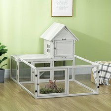 PawHut Rabbit Hutch, Guinea Pig Cage with Run & Tray, Indoor Use, Light Grey