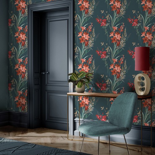 Deep teal floral wallpaper - deep,