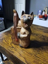 Hand-Carved Wooden Cat Figurine Playing Bass 11" Tall