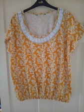 Womens F&F Cotton Ochre/White Floral Cap Sleeve Elastic Hem T Shirt/Top Size 14