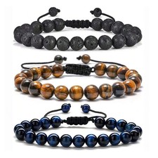 3 Style 8Mm Natural Tiger Eyes Lava Rock Protection HANDMADE Bracelet Men'S Gift