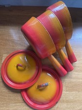 Set Of 3 French Vintage Volcanic Orange & Red Enamel Saucepans 2 Lids 16.5 X 6cm