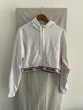MOSCHINO White Over The Head Cropped Hoodie Size M