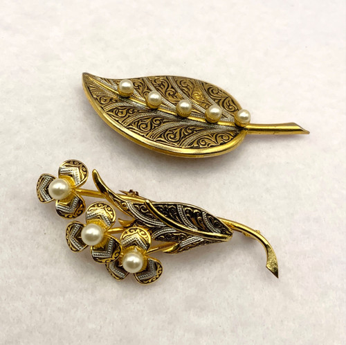 Vintage damascene leaf - damascene, brooch
