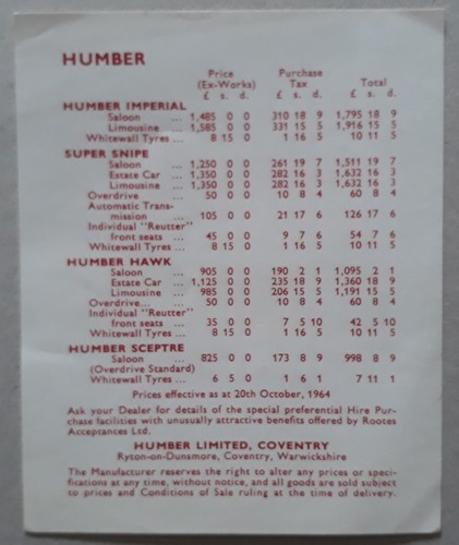 Humber range price - price, list