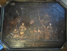 Antique Brass Rim Lacquered Tray Depicting Trees, Birds & Figures, Sz-18"x13"