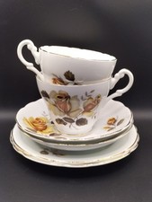 X2 Harleigh Bone China Trios, Cups, Saucers And Side Plates, Vintage, Autumnal